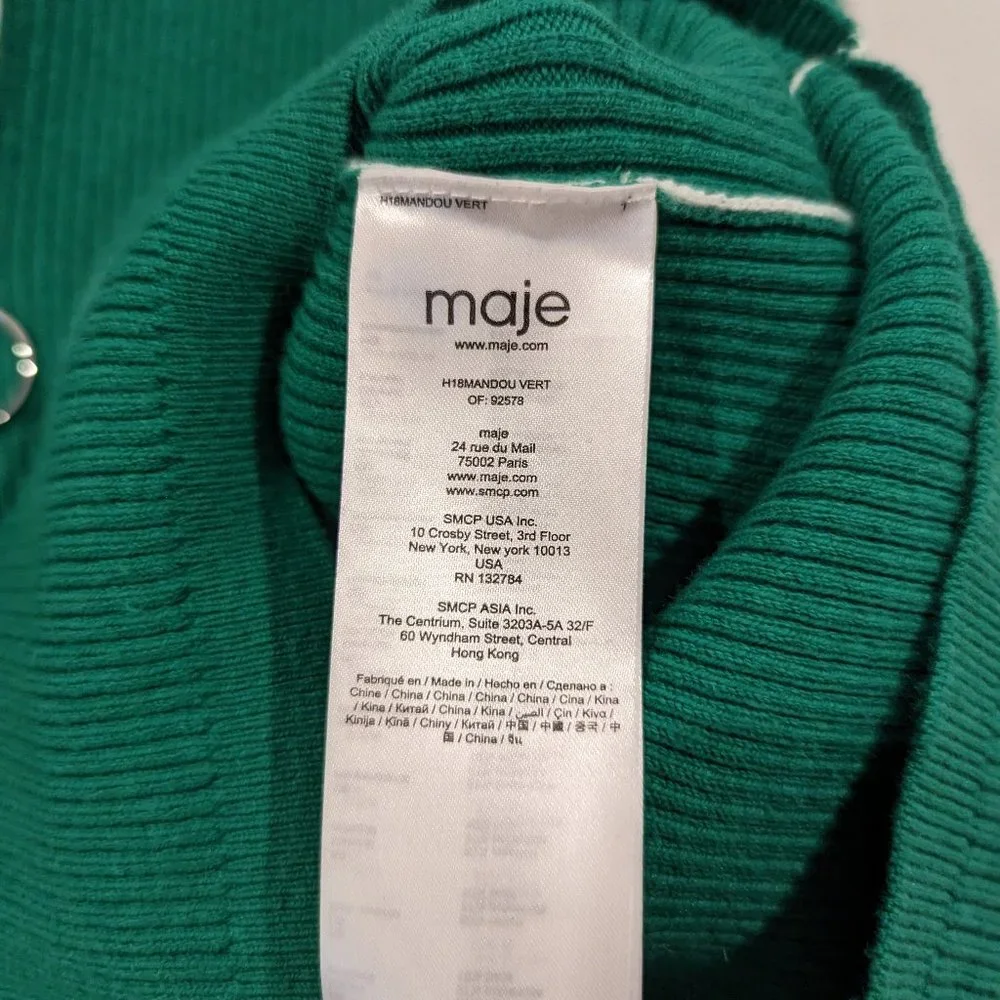 Maje | Emerald Green Ribbed Knit Sweater with Trucker Collar - XS